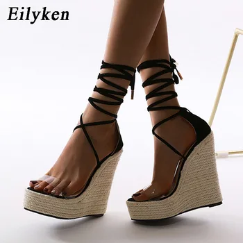 

Eilyken Wedges Shoes For Women Cross Ankle Lace Up Sandals Fashion Sexy Transparent PVC Open Toe Platform High Heels Big Size 42