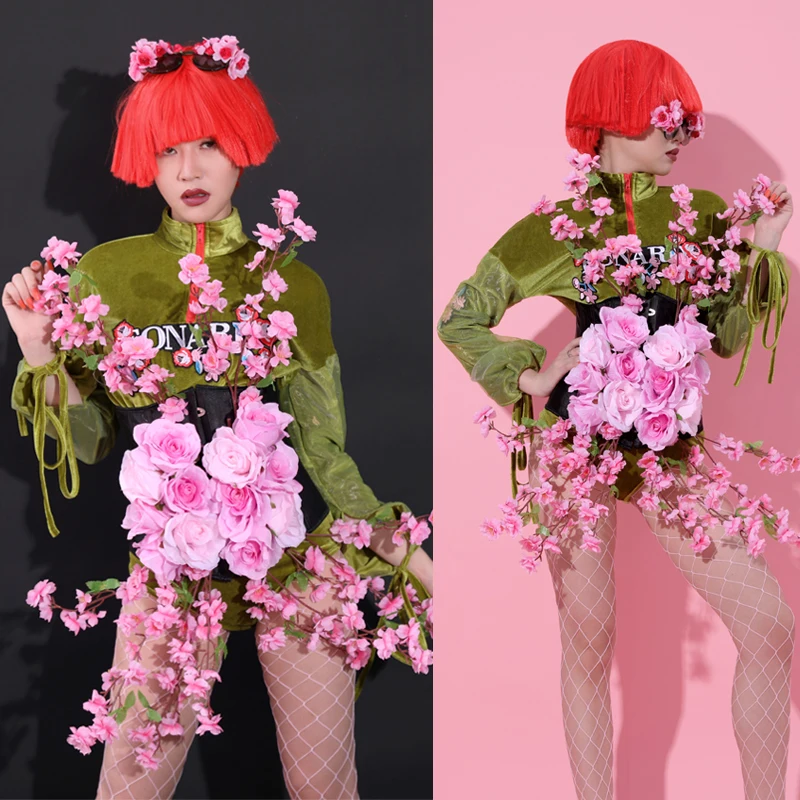 

Rave Clothes Women Long Sleeve Nightclub Jumpsuit With Flower Girdle Sexy Singers Stage Clothes GoGo Drag Queen Costumes BL2249