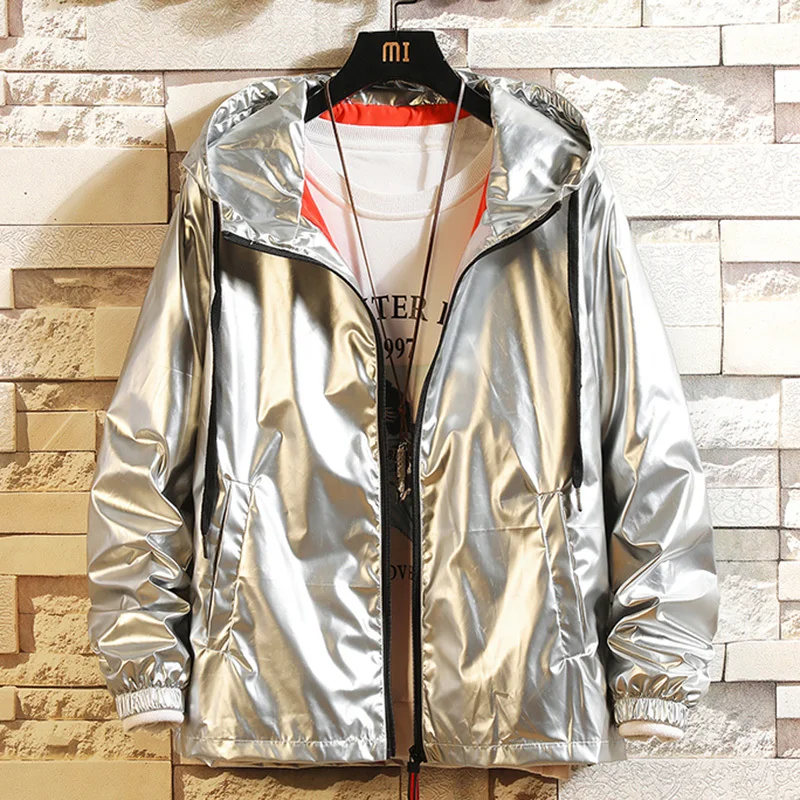 Глянцевая Мужская модная однотонная Повседневная куртка с капюшоном, Мужская Уличная Свободная куртка в стиле хип-хоп, мужская куртка-бомбер, M-6XL - Цвет: silver