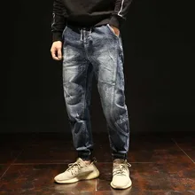 Новые мужские джинсы, хлопковые шаровары, мужские Свободные мешковатые джинсы размера плюс, джинсы для бега с эластичной резинкой на талии, потертые джинсовые штаны, Мужская джинсовая одежда