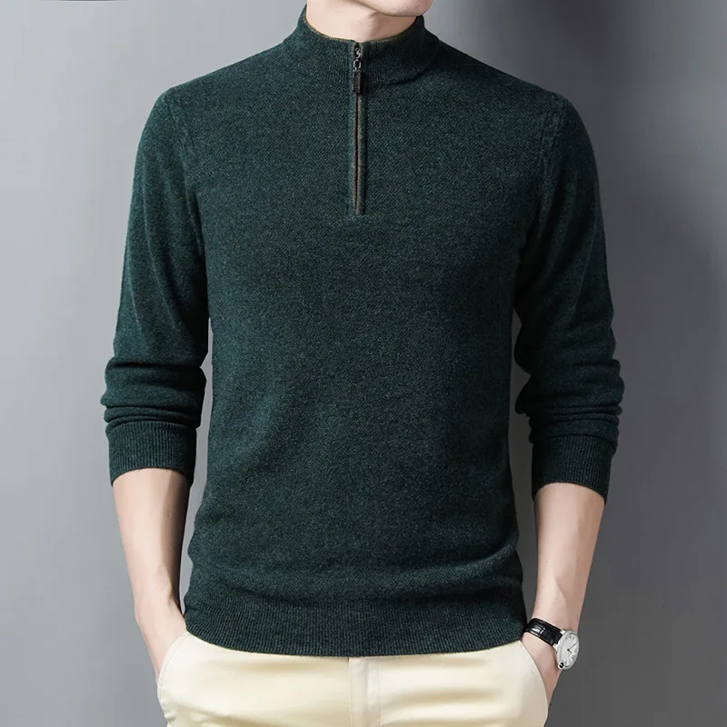 Suéter de lana liso para hombre, jersey de Cuello medio alto con cremallera, color liso, 1275