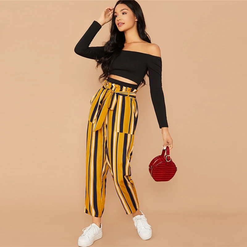 Multicolor Dotfashion, Черный Повседневный Топ с открытыми плечами и штаны, набор для женщин, весна, бумажный мешок, талия, в полоску, с принтом, брюки, 2 шт, наборы - Цвет: Multicolor