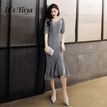 

It's YiiYa Prom Dress Elegant Gray Sequins Dresses Women Party Night Half Sleeve Mermaid Plus Size Formal Gowns 2020 K152