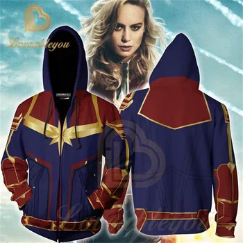 

2019 New 3D Print Captain Marvel Carol Danvers Ms Costumes Hoodies Sweatshirts Tracksuit Casual Zipper Hoody Sweatshirt for Men