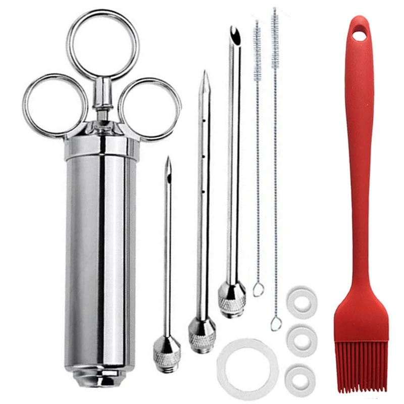 

Steak Syringe 2-Oz Marinade Seasoning Injector Turkey Meat Injectors Stainless Cooking 2Oz Turkey Needle With 3 Needles and 2 Br