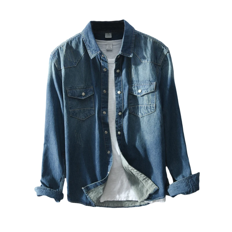 Mens Gradient Denim Shirt Men Light Blue Man Cotton Double Pocket Dress Slim Fit Long Sleeve Blouse II50CS | Мужская одежда