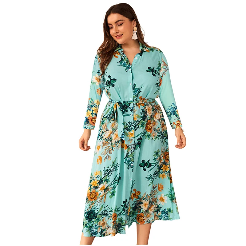 

2019 Autumn Winter Long Sleeve Women Dress Turn Down Collar Bow Waist Long Shirt Dress Plus Size Floral Print Dress Women