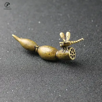 

Handmade Vintage Brass Copper Lotus root dragonfly mini pen rack penholder Statue Home Office Desk Decorative Ornament Gift