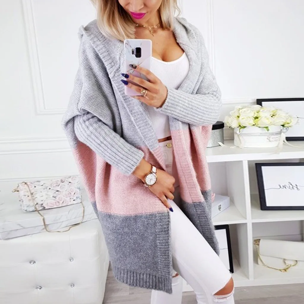 

Winter Knitted Sweater Women Loose Striped Long Sleeve Hooded Cardigans Sweater Casual Female Long Jumper Cardigans Coat