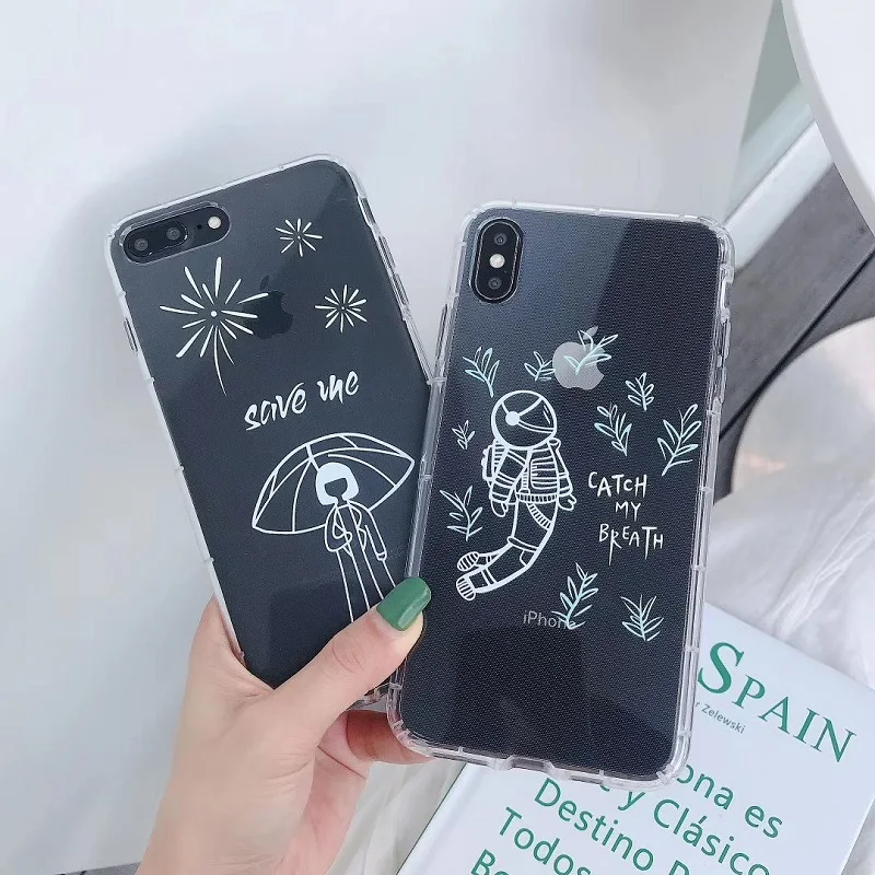 

Space Moon Astronaut soft clear Phone Cases For iphone 7 8 plus X Case For iphone XR XS Max Planet Star Frosted Soft Back Cover
