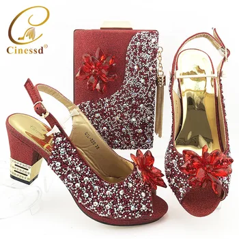

New Nigerian Shoe and Bag Set for Women African Women Wedding Shoes with Bag Set Decorated with Rhinestone Pumps Women Shoes