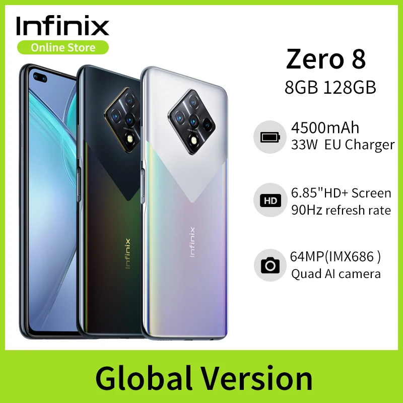 Nova versão global Infinix Zero 8 8GB 128GB Smart Phone 6,85 '' FHD 90Hz Full Screen 64MP Quad Camera 4500mAh Carregador de bateria 33W