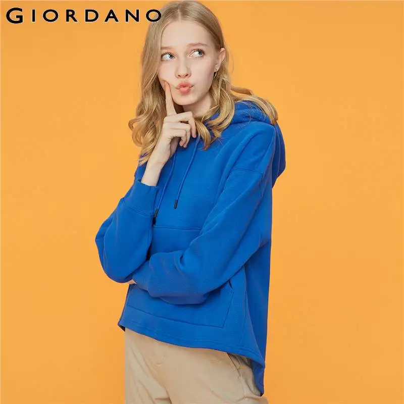 Giordano Для женщин пальто с капюшоном и длинным рукавом с флисовой подкладкой; толстовка с капюшоном с завязки на одежде Mujer Kanga карманом Теплые Топы 05329782