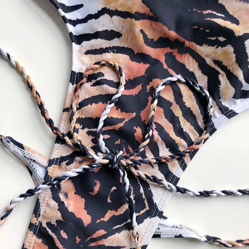 Сексуальный купальный костюм бикини, цельный бикини с тигровым леопардовым принтом, Женский бандажный купальник, Женский монокини с высокой посадкой