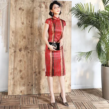 

Oversize 4XL High Split Elegant Rayon Female Qipao Chinese Style Print Stripe Evening Party Cheongsam Vintage Short Sleeve Dress