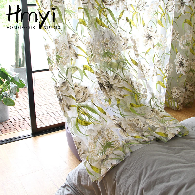 

American Tulle Curtains Tropical Flower Leaf Curtains For Living Room Kitchen Green Curtains Bedroom Window Treatment Curtains