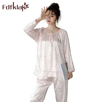 

Fdfklak Silk Pajamas 2020 New Spring Summer Print Night Suit pjs Women Pajama Set Pyjamas Long Sleeve Lingerie Home Clothes