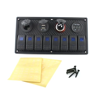 

12V-24V 8 Gang Marine Switch Panel USB Port Voltmeter Cigarette Lighter