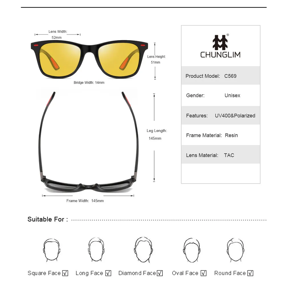 CHUNGLIM, брендовые, классические, поляризационные солнцезащитные очки, для мужчин и женщин, классический дизайн, для вождения, квадратная оправа, солнцезащитные очки, мужские, очки, UV400