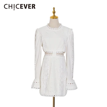 

CHICEVER Spring 2020 Women's Dress Stand Collar Hollow Out Flare Long Sleeve Patchwork Dresses Female Elegant Fashion New