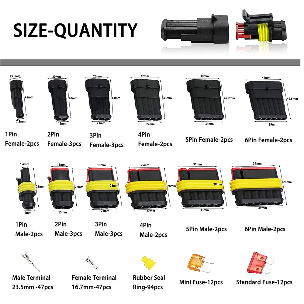 Waterproof Electrical Wire Connectors - 26 Sets, 2/3/4 Pin, 352/708pcs Terminal Connectors, 12A Description Image.This Product Can Be Found With The Tag Names 2 pin 12 electric connectors, Electrical connectors 2 pins, Waterproof connector terminal, Waterproof wire connector 4pin