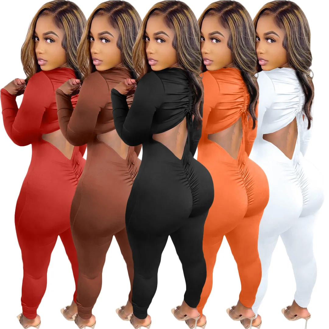 Winter Women Jumpsuit Backless Hollow Out Stacked Pleated Solid Color Sporty Long Romper Women Jumpsuit Overalls qili women s long sleeve v neck pleated bodysuits burgundy sexy jumpsuit autumn