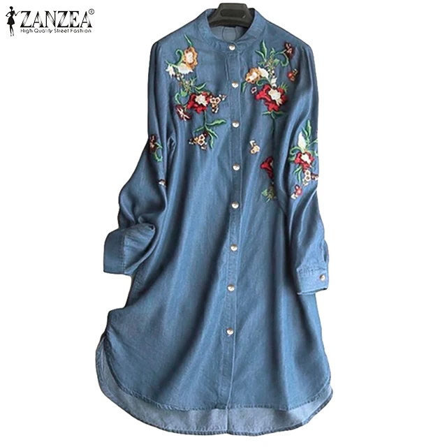 Элегантное платье-рубашка с вышивкой женская джинсовая синяя блузка ZANZEA винтажные Блузы с длинными рукавами женская Металлическая Кнопка Туника оверсайз