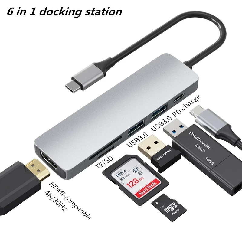 

Док-станция USB 3.0, USB-C/HDMI, 6 в 1, 4K, SD, TF, PD, для MacBook, Huawei
