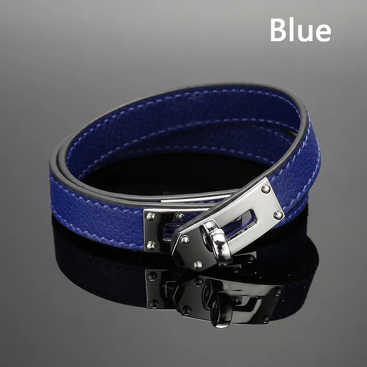 Blue Популярный бренд, двухслойный браслет из нержавеющей стали, синий, желтый, красный, зеленый цвет, настоящие браслеты из яловой кожи для женщин(DJ1312 - Окраска металла: Blue