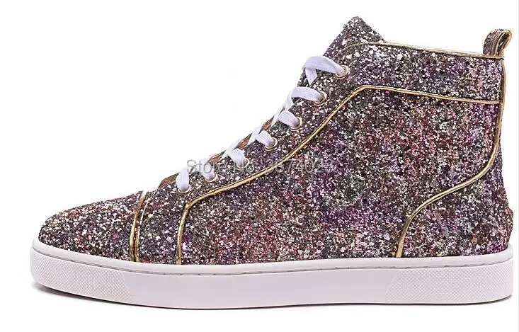 

Qianruiti Men Glitter Sneakers Bling Bling High Top Shoes Sequins Casual Shoes Lace Up Flats Party Wedding Shoes Men