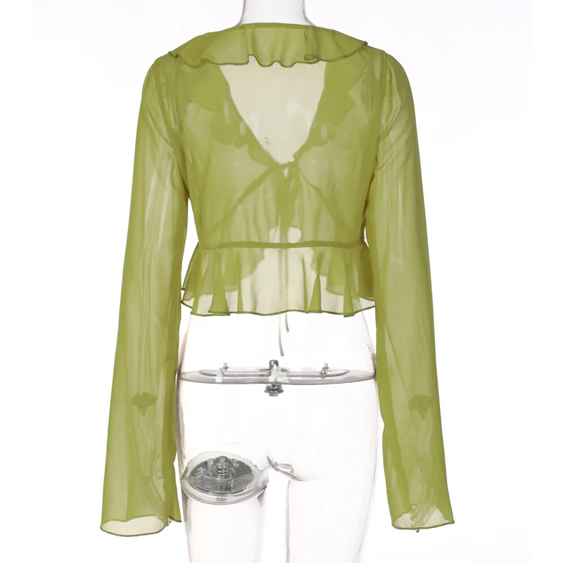 Fashion Boho Ruffle Blouse See-Through Lace V-Neck Tops For Women Long Sleeve Summer Shirt Party Beach Cropped Top 2025
