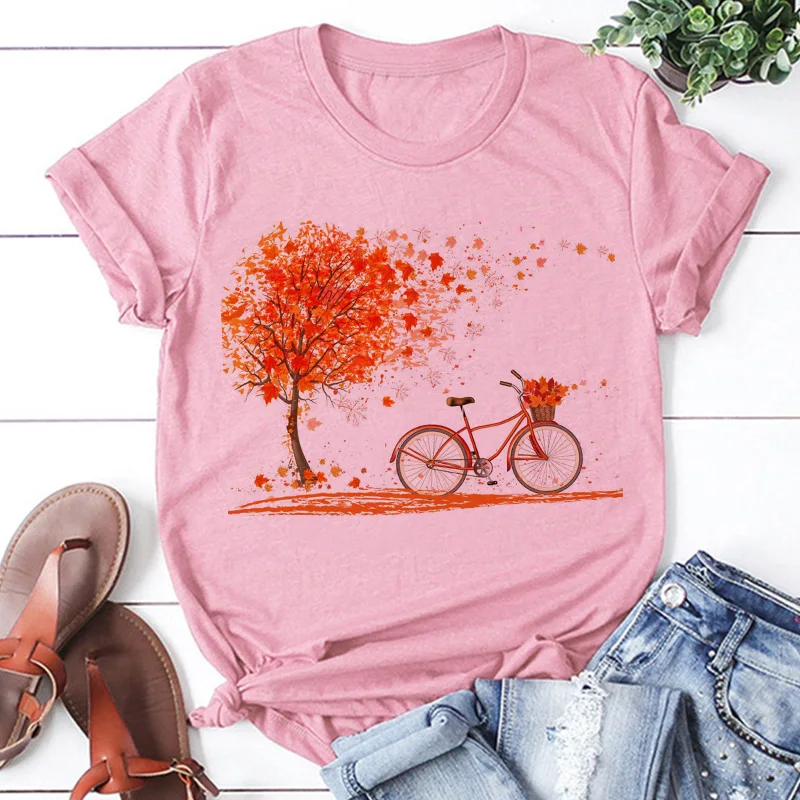 Pink T Shirt Women Beautiful Scenery Bicycle Vogue Casual Tshirt Harajuku Korean Style Graphic Tops Kawaii Short Sleeve T-shirt