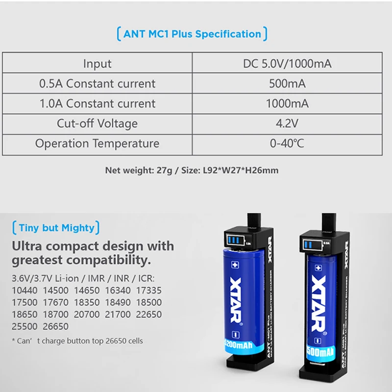 XTAR USB зарядное устройство MC1 PLUS зарядный ток 0.5A 1A 3,6 В/3,7 в литий-ионный аккумулятор 10400-26650 18650 20700 21700 ЖК-зарядное устройство
