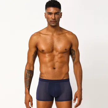 

Men's Mesh Breathable Sexy Boxer Pants Solid Color Wide Belt Home Underwear Independent U Convex Pocket ropa interior hombre