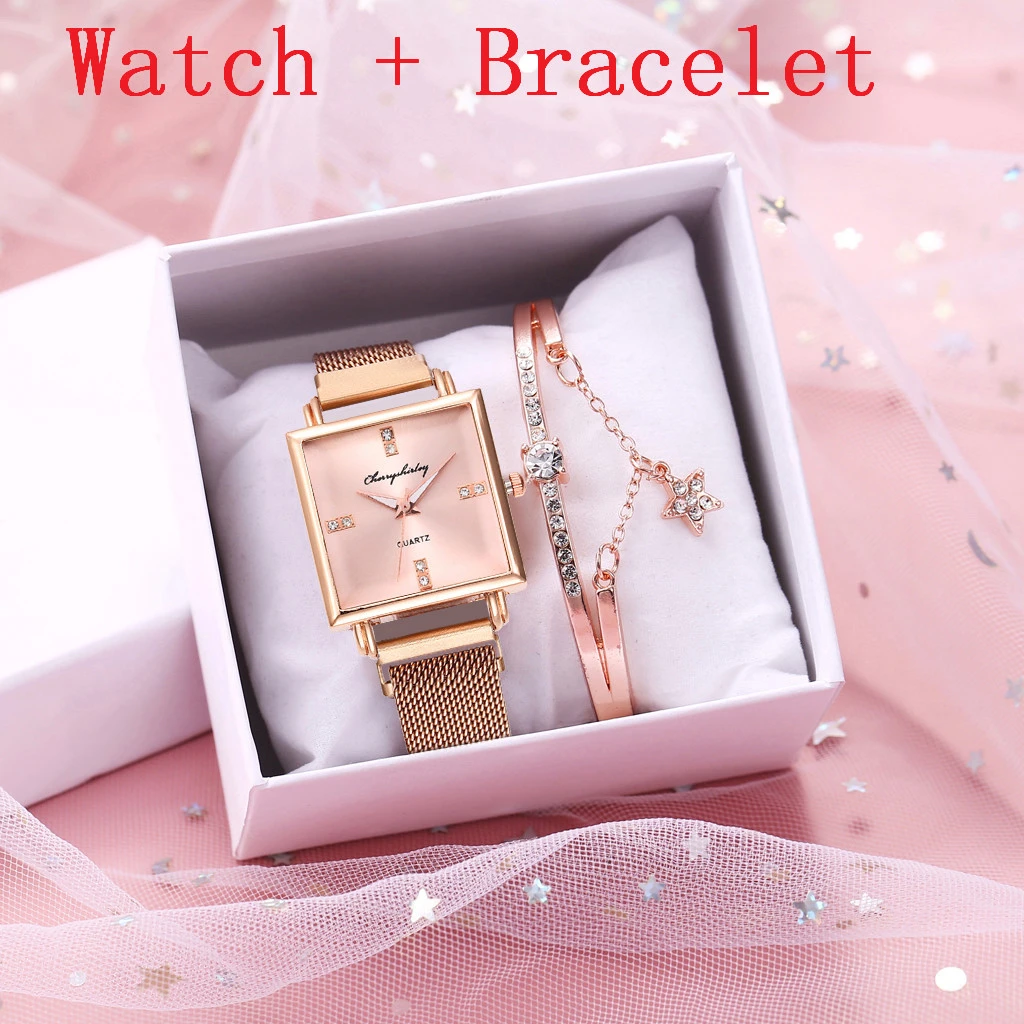 rose gold bracelet Для женщин магнитный браслет часы набор роскошные женские кварцевые квадратные наручные часы платье часы Relogio Feminino для Рождественский подарок - Цвет: rose gold bracelet
