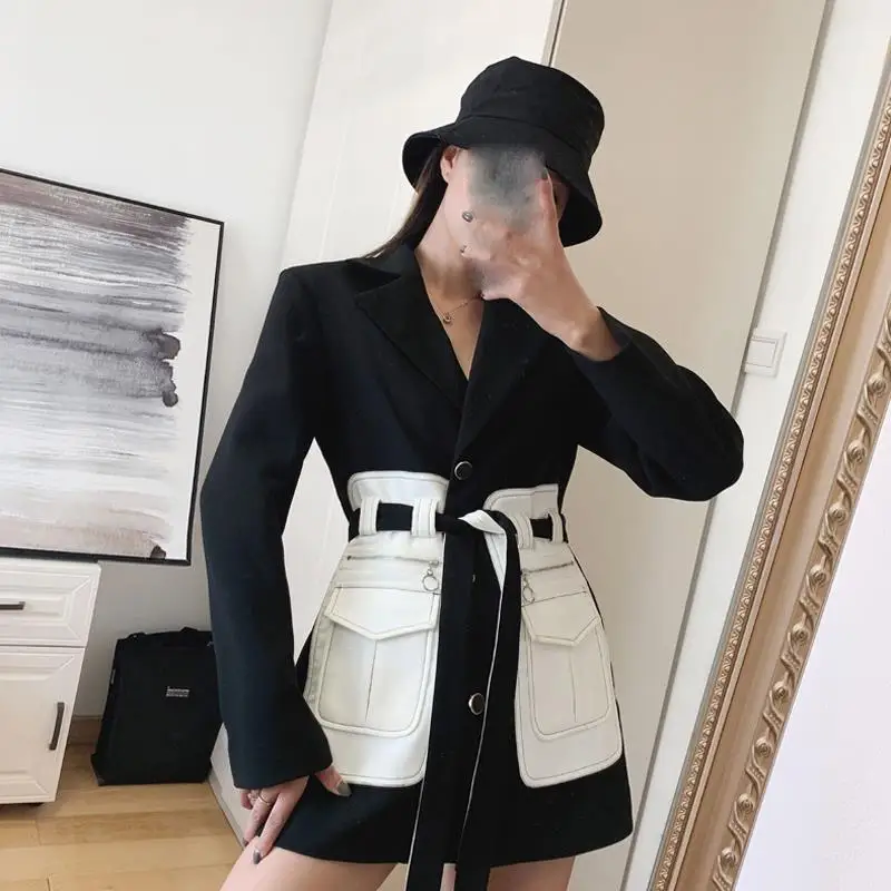 Elegant Women Blazer Coat Notched Patchwork Long Sleeve Suit Jacket Belt Female Fashion Slim Blazer Jacket Ol Style Blazer