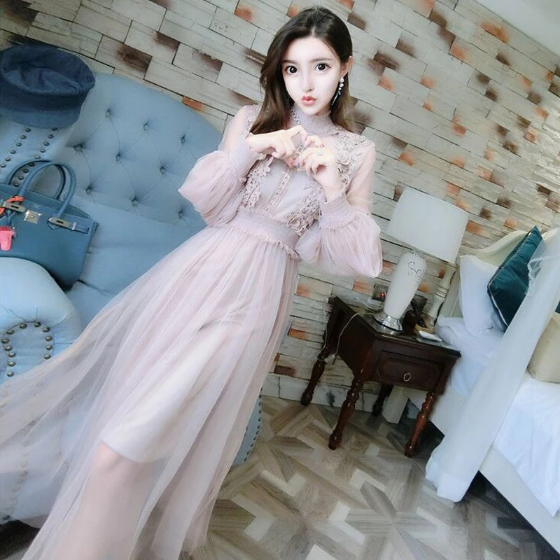 

2020 Summer New Korean Temperament Waist Mesh Dress Female + Suspender Skirt Two-piece Suit Fairy Skirt