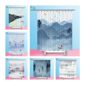 

Traditional Chinese Ink Bath Screens Wash Painting Landscape Paintings Shower Curtain Black and White Artistic Conception Hooks