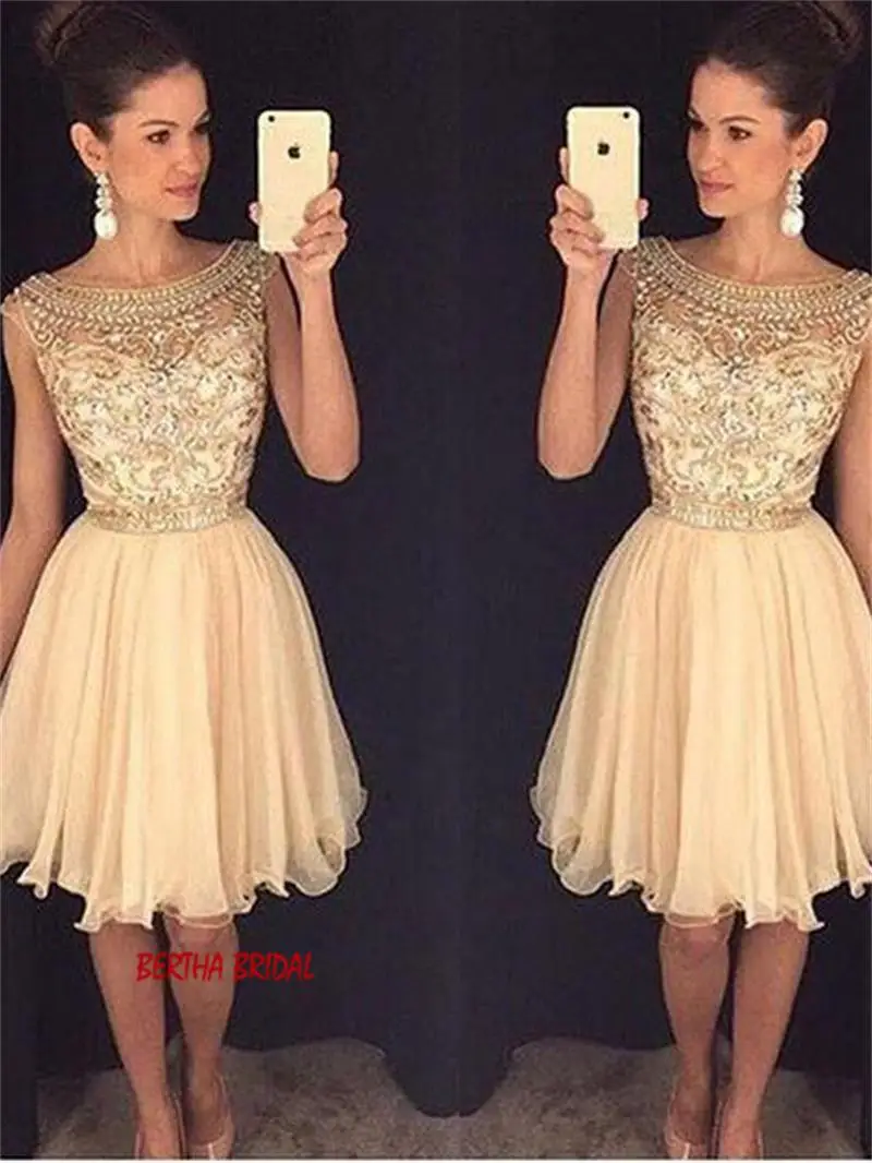 Vestido de festa, цвета шампанского, длина до колена, Глубокий круглый вырез, а-силуэт, платья для выпускного вечера, кружевное шифоновое коктейльное платье с бисером, вечерние платья для выпускного вечера