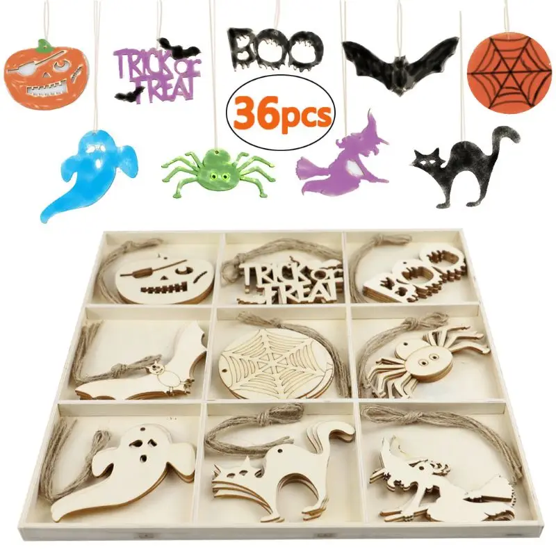 

1 Set Halloween Ornament Unfinished Wooden Tags Cutout Crafts with Twine Ropes Hanging Tree Decoration