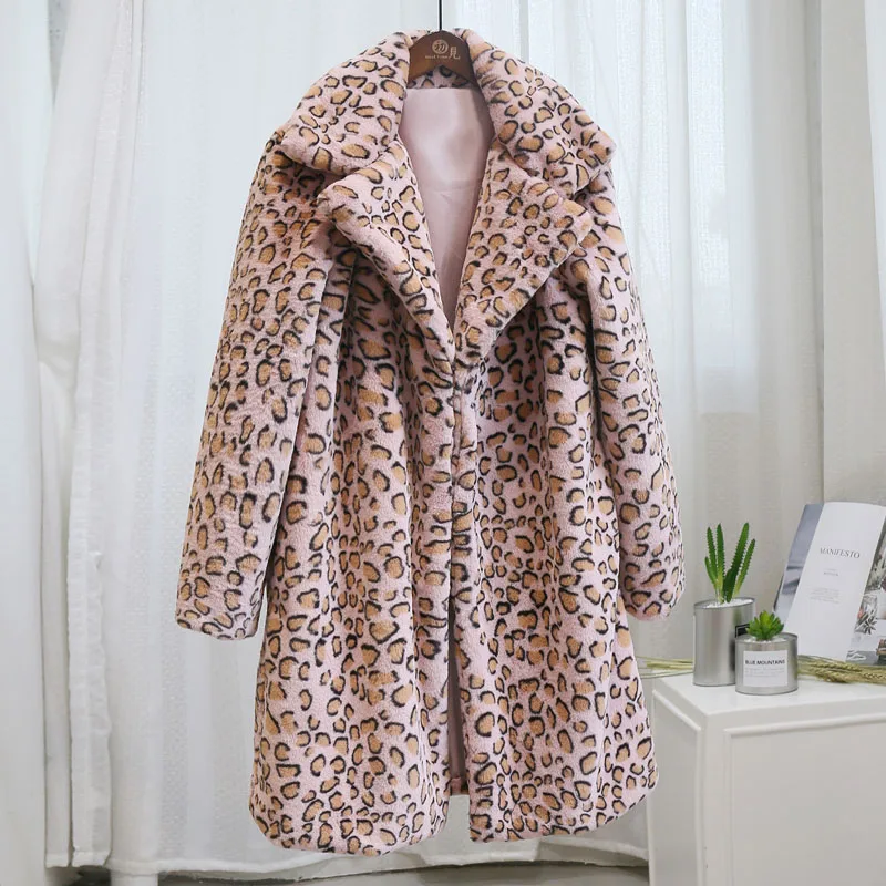 pink leopard coat Элегантные розовые леопардовые Шубы из искусственного кроличьего меха для женщин зимняя стильная женская длинная Меховая куртка Верхняя одежда для девочек Теплые мягкие Меховые Пальто - Цвет: pink leopard coat