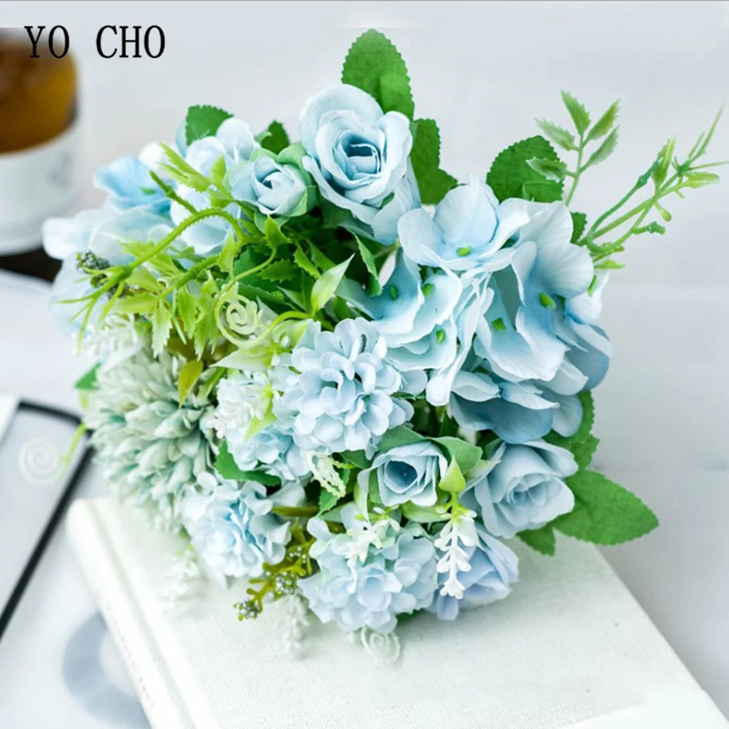 rose-blue Йо Чо Свадебный букет Искусственный шелк розовый цветок пиона невесты букет розовая Гортензия помпон бутон ванильный Спайк свадебные принадлежности - Цвет: rose-blue