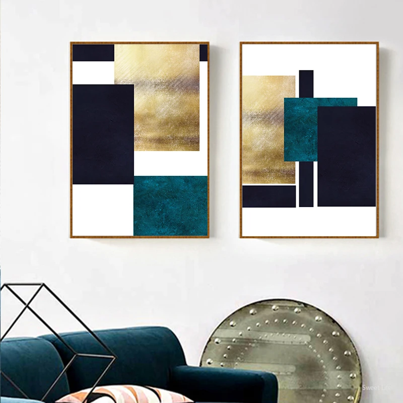 

Abstract Bright Color Blocks Blue Black Gold Canvas Art Modern Painting Poster Print For Fashion Home Furnishing Wall Decor