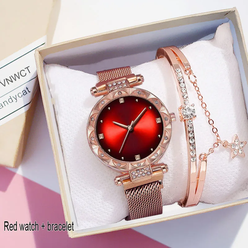 Red bracelet Женские магнитные часы Звездное небо, браслет, градиентные бриллианты, Дамская мода, Женские кварцевые наручные часы, подарок, часы, relogio feminino - Цвет: Red bracelet