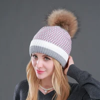 CNTANG 2024 New Double layer Plus Velvet Warm Hat Winter Knitted Beanie Fashion Hats For Women Natural Raccoon Fur Pompom Female 2