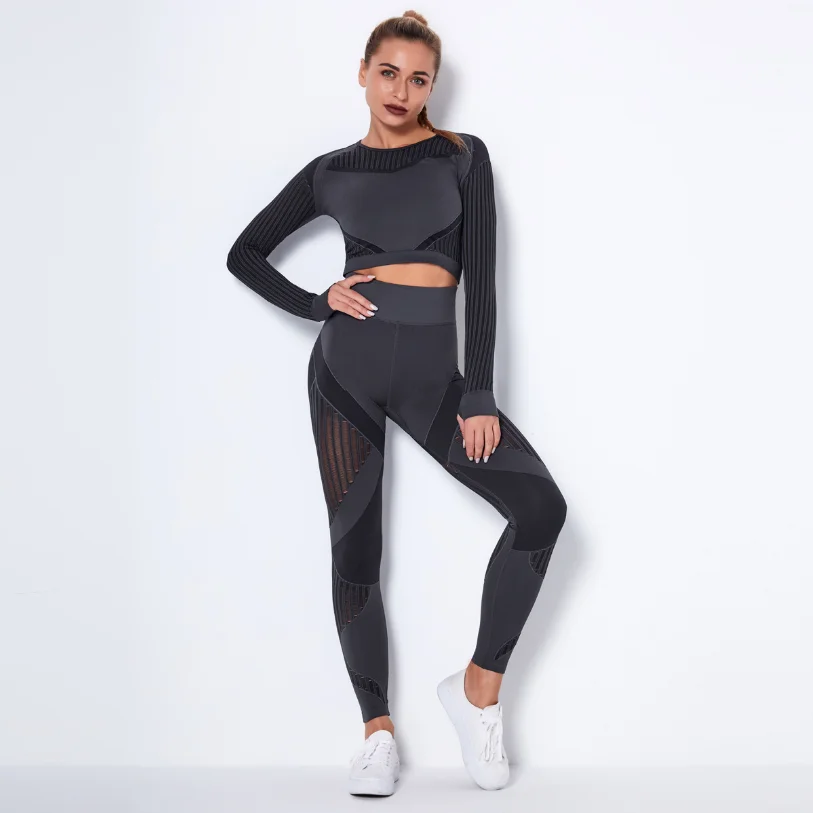 

2-Pece Seamless Fitness Sportswear Yoga Suit Ladies Long-Sleeved Gym Workout Clothes High Waist Sports Leggings Suit Women