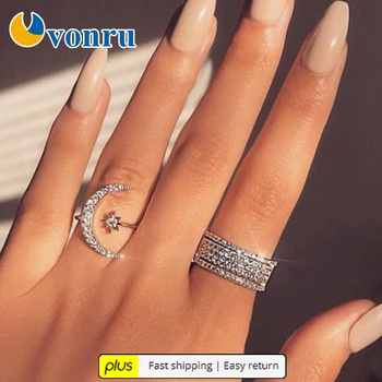

Opening Adjustable Finger Ring Female Personality Fashion Rhinestones Crescent Star Shape Ring Jewelry Birthday Gifts AE Plus