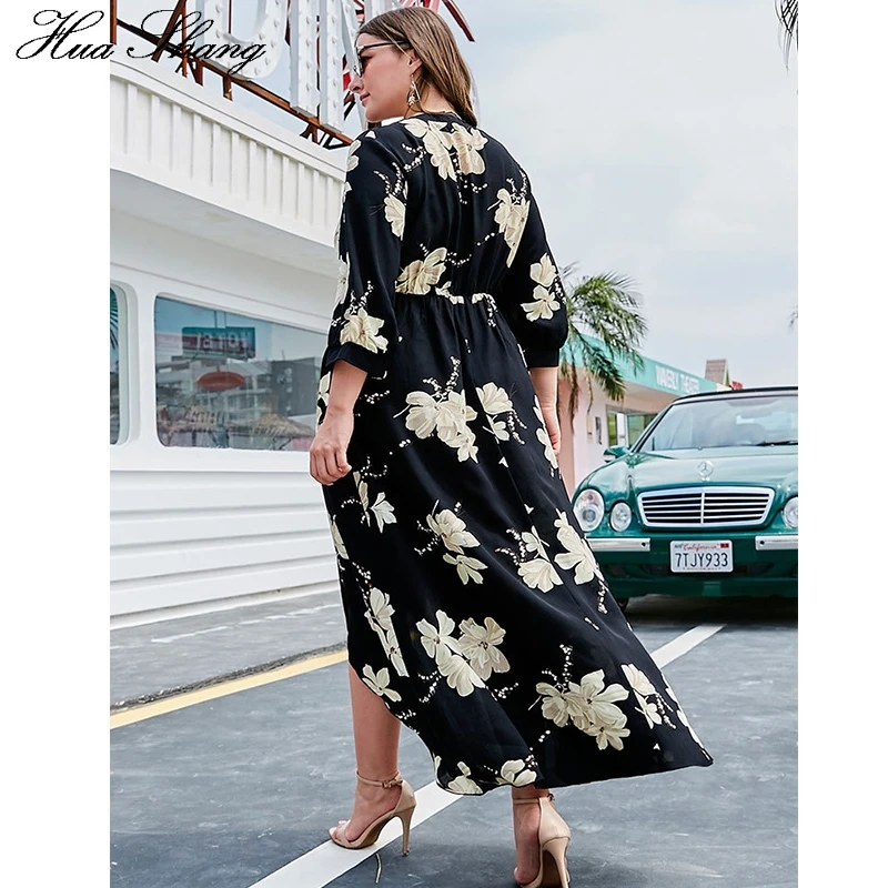 Платье с цветочным принтом, Boho, большие размеры, женское летнее платье с v-образным вырезом, рукав три четверти, асимметричное макси, длинные платья, женский жакет, Пляжное Платье