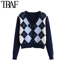 TRAF-cárdigan corto de punto para mujer, suéter de manga larga, estilo inglés, Vintage, elegante, patrón geométrico