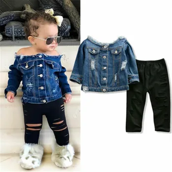 

1-6 Years Infant Baby Girl Clothes Sets Off Shoulder Denim Tops Shredded Skinny Pants Outfits 2019 Winter Warm Girls Clothes Set
